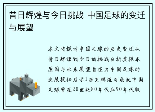 昔日辉煌与今日挑战 中国足球的变迁与展望